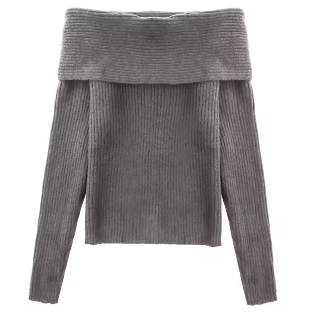 Gray Off-Shoulder Ribbed Sweater